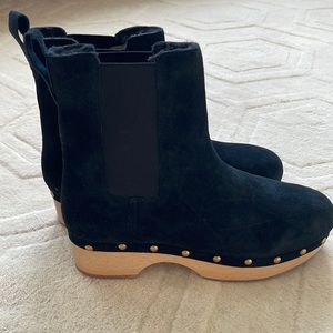 Brand New Black Suede Clogs with fur lining and Chic Gold Studs in the heel.